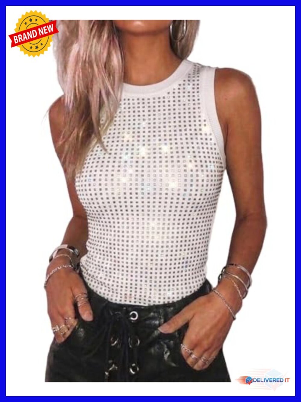 Women's Sleeveless Rhinestone Tank Top Y2K Ribbed Going Out Shirt